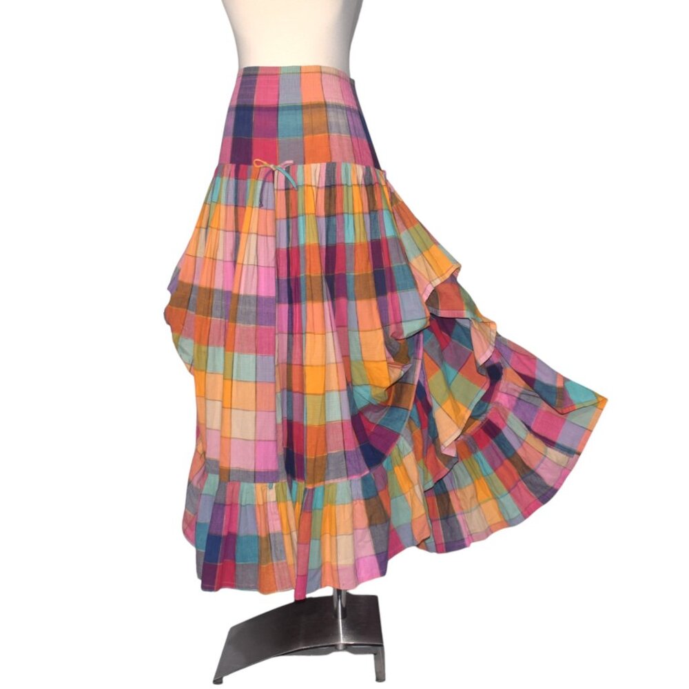Norma Kamali Vintage 80s Rainbow Plaid Madras Ruffle Skirt Cottagecore Boho S M